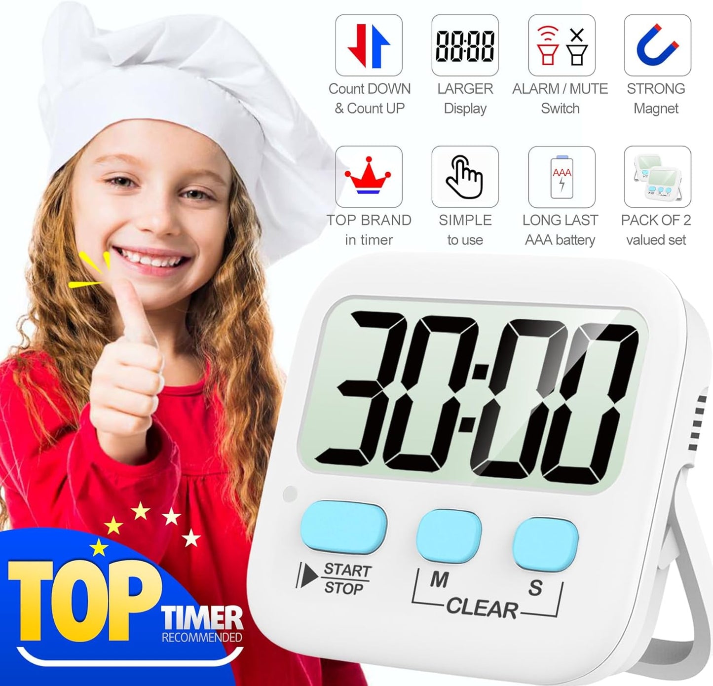 2-Pack Digital Kitchen Timers Magnetic Countdown Stopwatch
