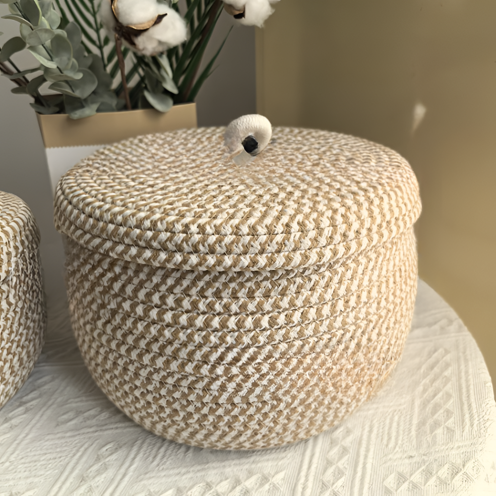 Boho Woven Storage Basket Round Decorative Organizer With Lid