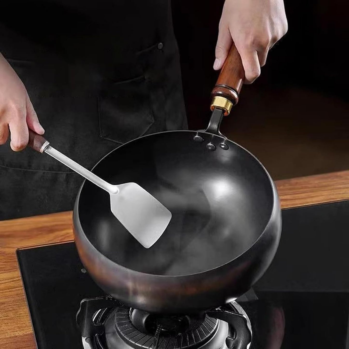 Cast Iron Frying Pan Durable Skillet Wooden Handle Cooking Pan