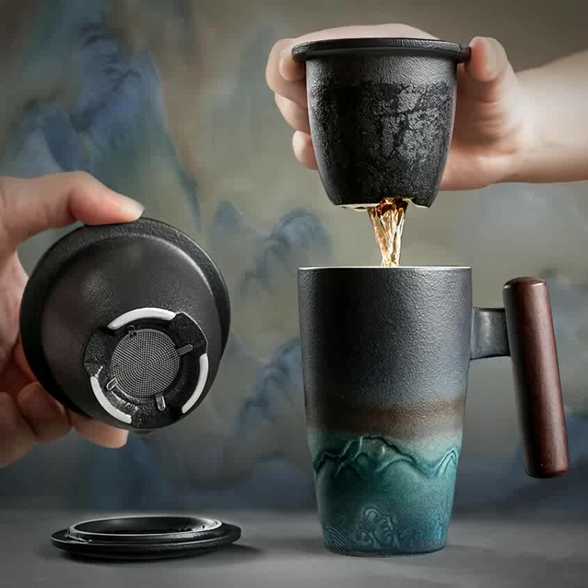Ceramic Tea Mug with Infuser and Lid Handmade Tea Cup Wooden Handle Loose Leaf Tea Mug