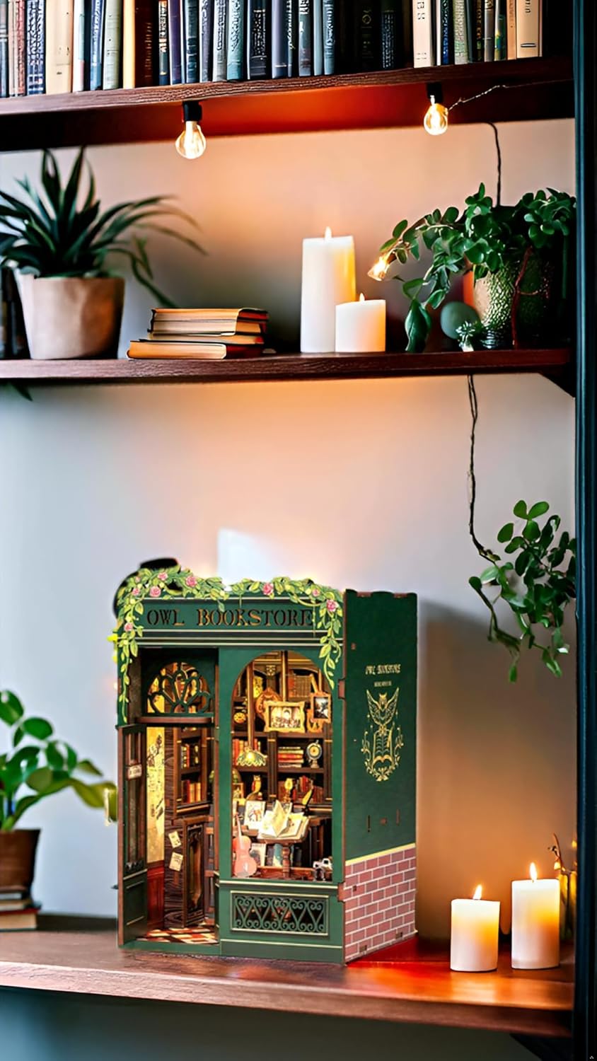 DIY Miniature Bookstore Kit Owl Theme Wooden Puzzle Lighted Display
