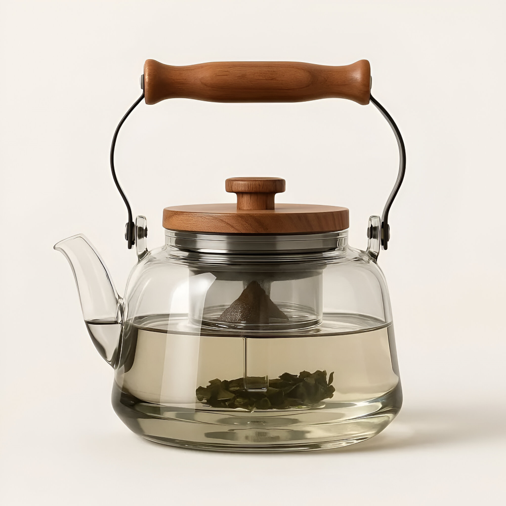 Heat Resistant Borosilicate Glass Teapot Tea Infuser Wooden Handle Kettle 1000ml