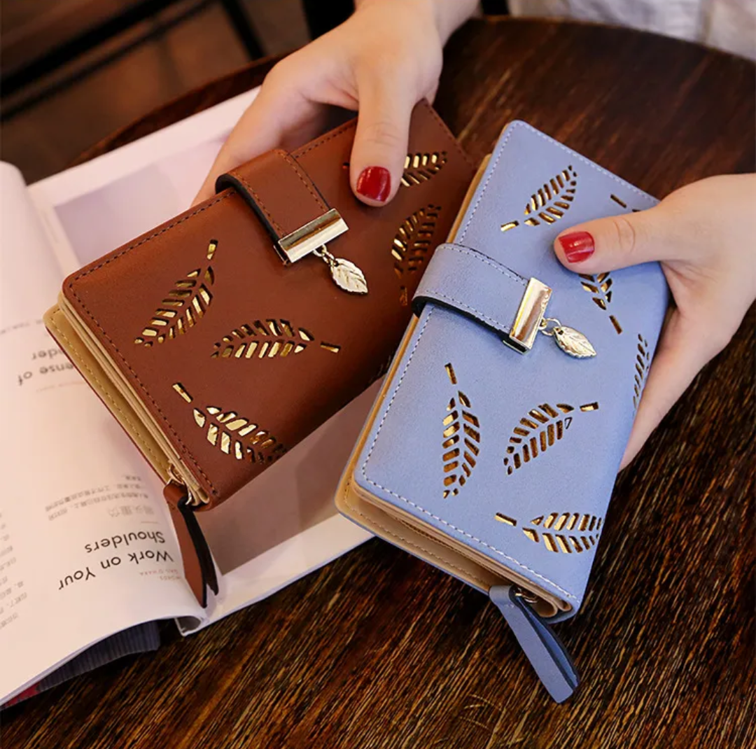 Leather Golden Leaf Wallet PU Leather Card Holder Phone Wallet Clutch Purse