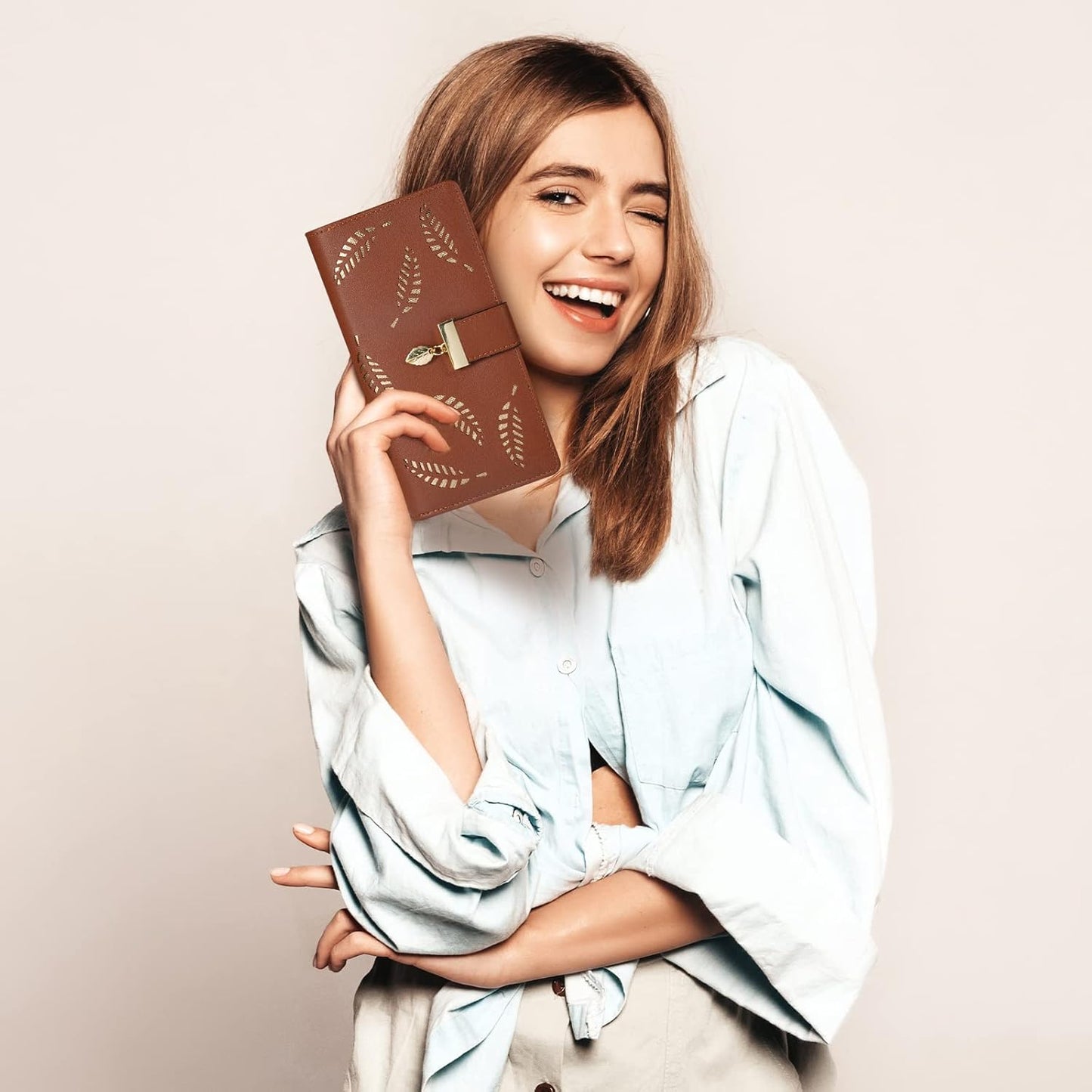 Long Leaf Leather Wallet with Zipper Coin Pocket and Card Storage