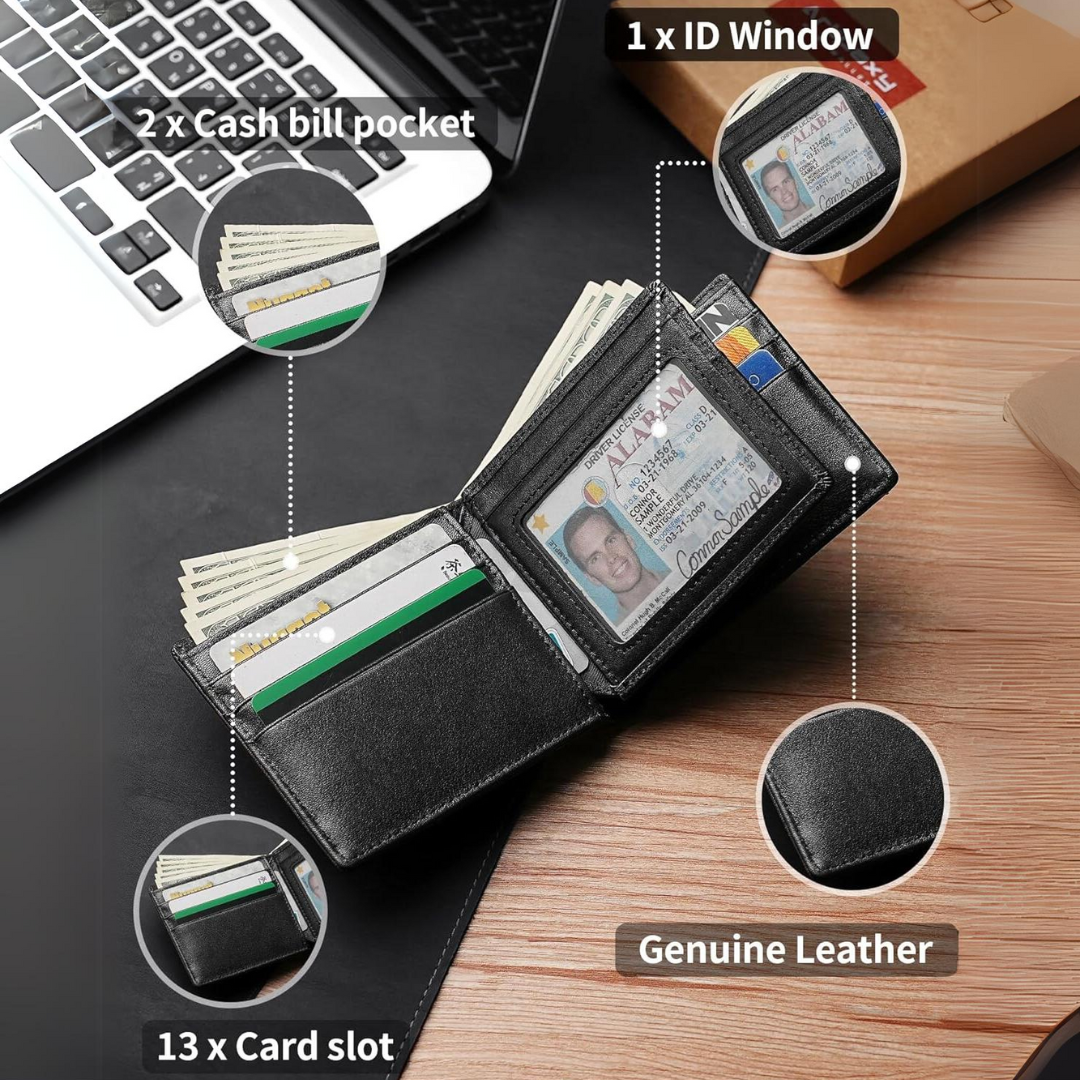 Mens Genuine Leather RFID Blocking Bifold Wallet Card Holder