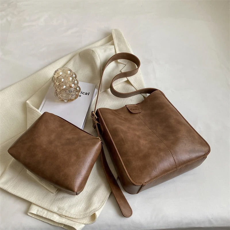 Retro Vegan Leather Tote Bag Set Large Shoulder Handbag