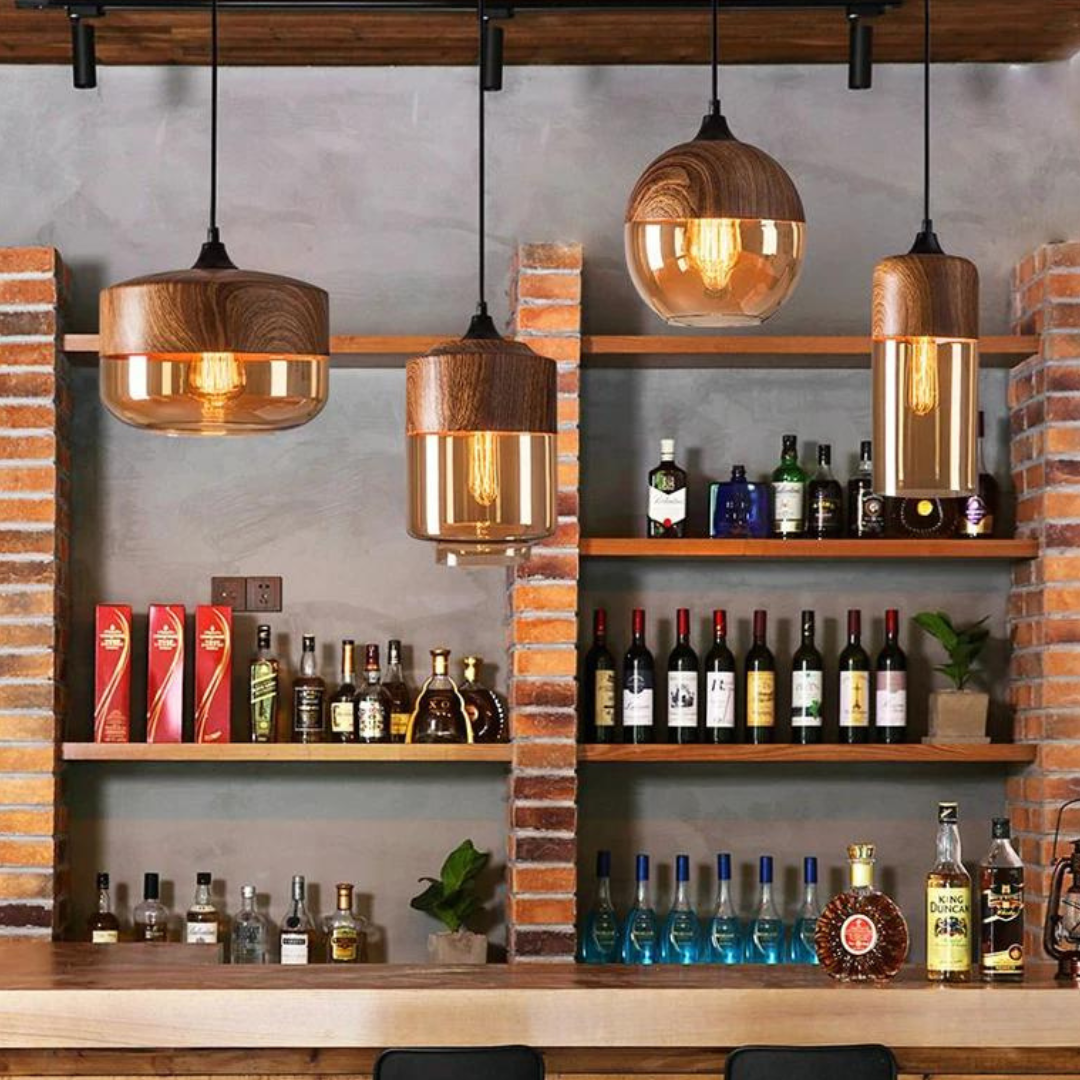 Scandinavian Glass Pendant Light Wood Look Ceiling Lighting