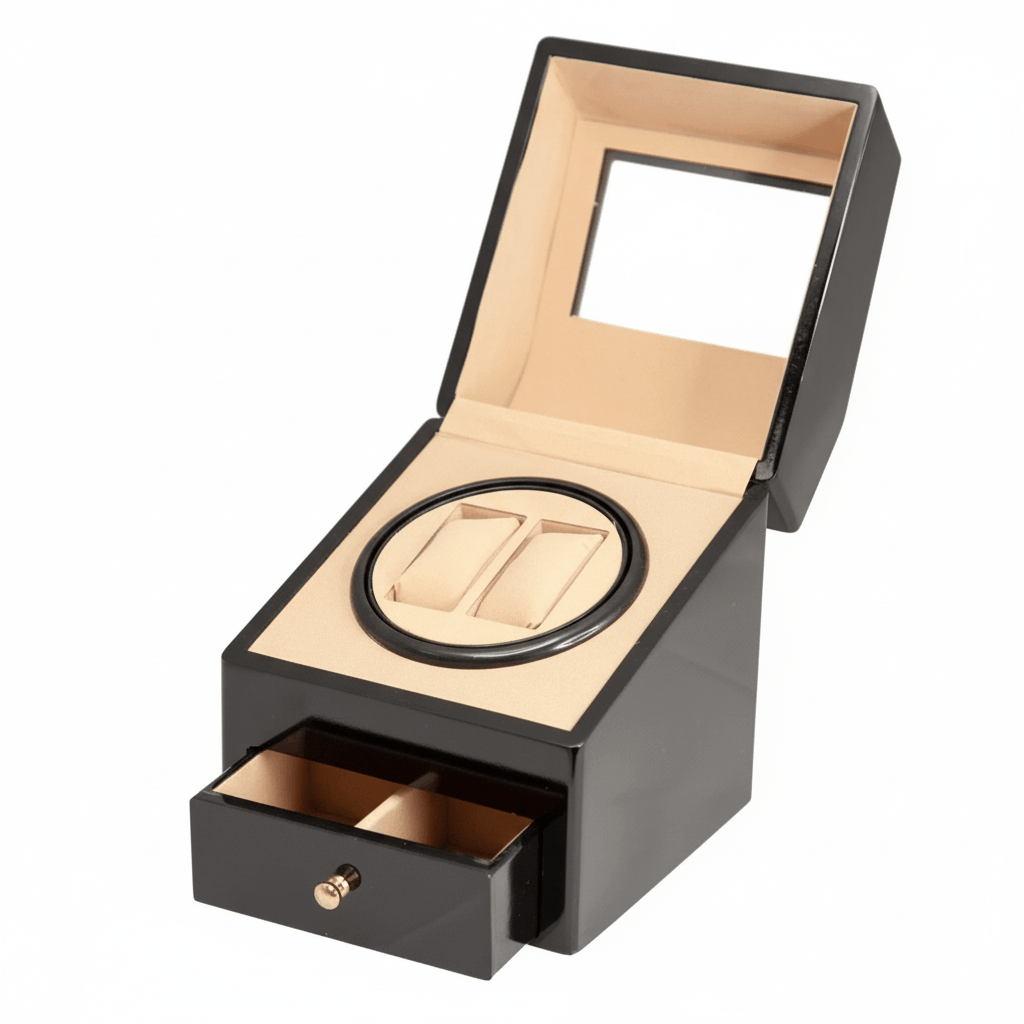 Black watch box with open lid and drawer on a white background