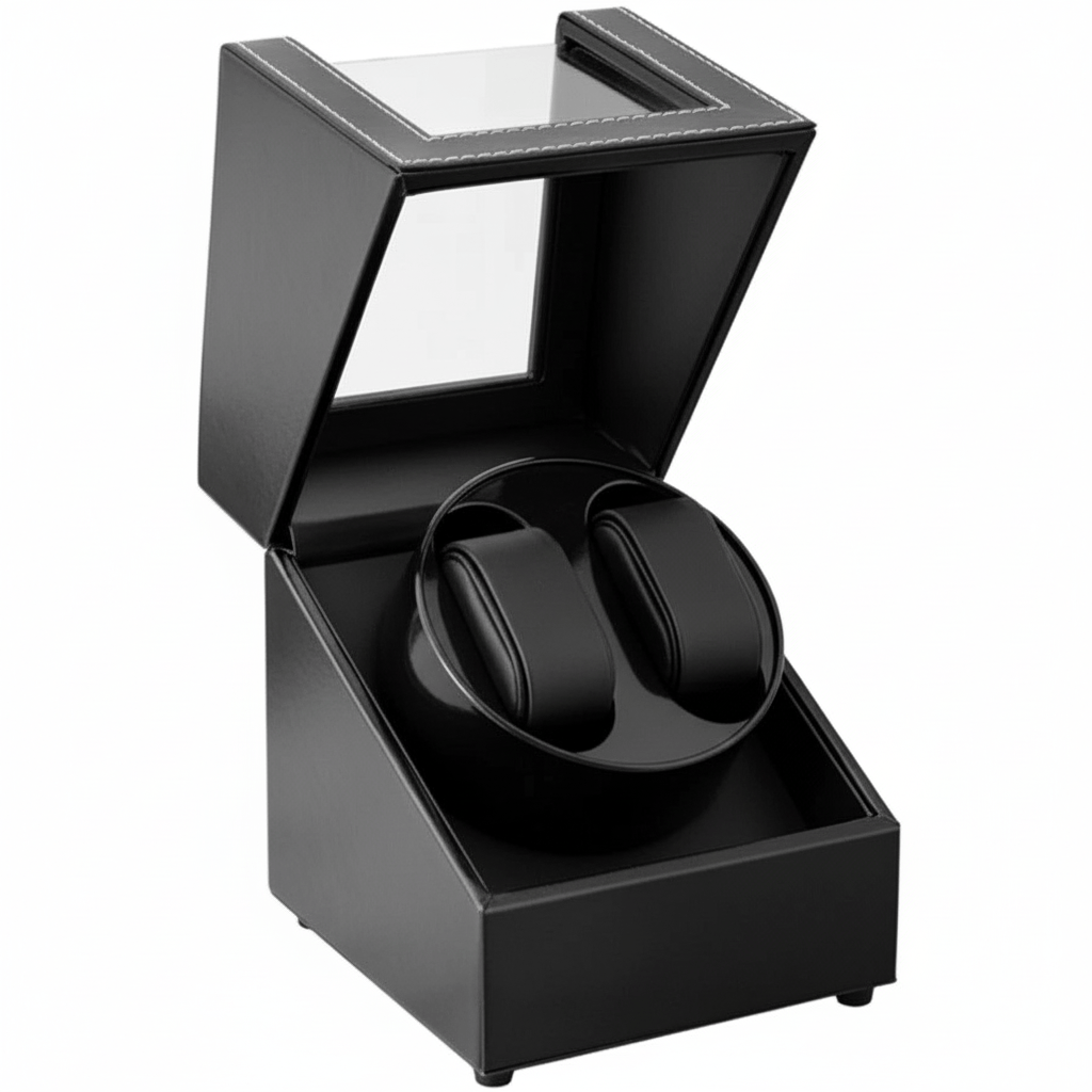 Black watch box with a watch inside on a white background