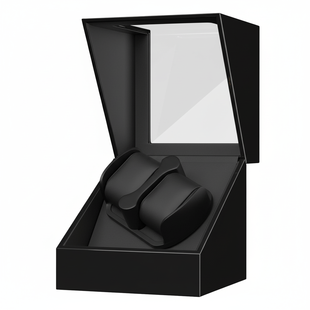 Black open box with two black items inside on a white background