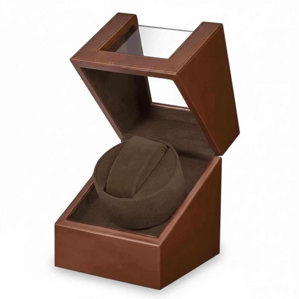 Brown watch box with a watch inside on a white background