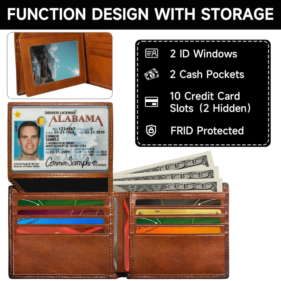 Top-Grain Leather Bifold Wallet Men RFID Blocking Card Cash Organizer