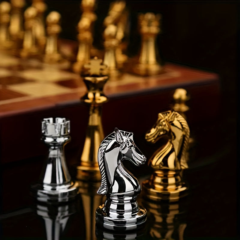 Vintage Chess Set Wooden Folding Board Metal Pieces Strategy Game