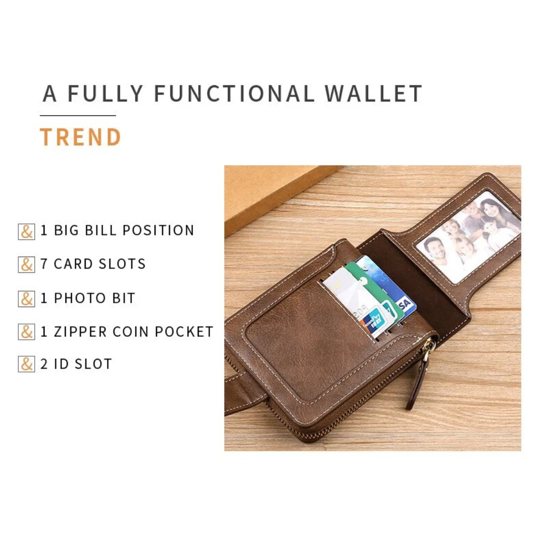 Vintage Leather Wallet with Card Holder Coin Pocket and Zip Closure