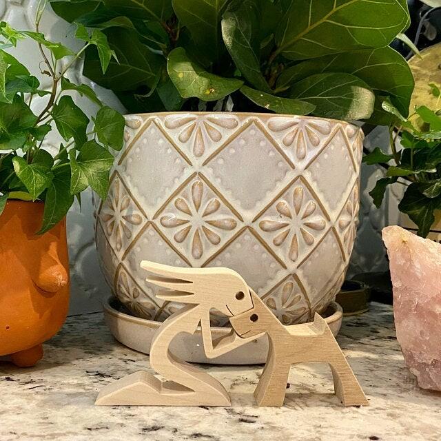 Wooden Human Dog Sculpture Hand Carved Home Decor Ornament