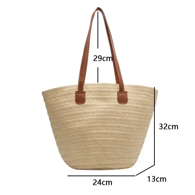 Woven Straw Shoulder Tote Bag Rustic Summer Beach Handbag