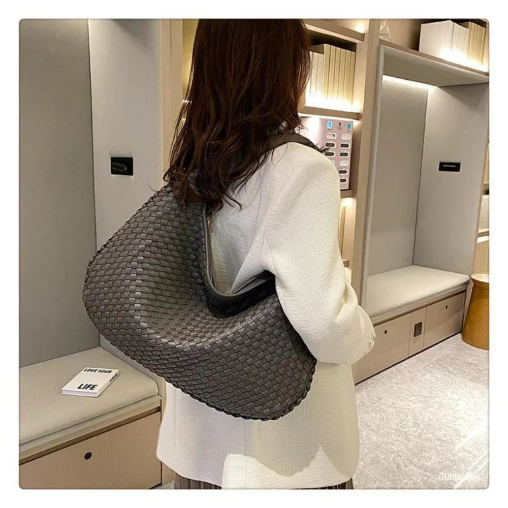 Woven Vegan Leather Handbag Large Capacity Shoulder Tote