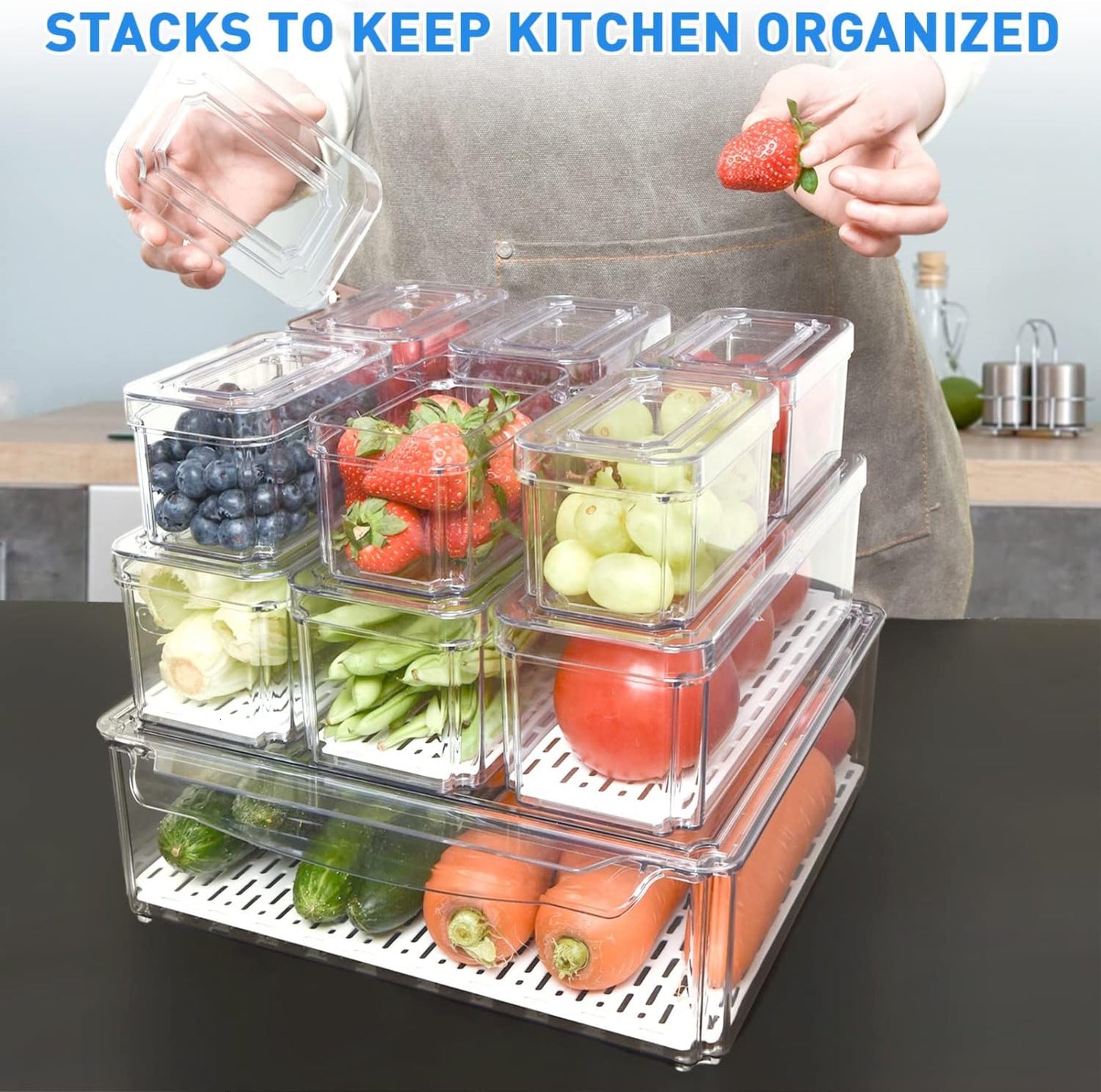 10-Piece Stackable Fridge Organizer Set with Lids for Food Storage