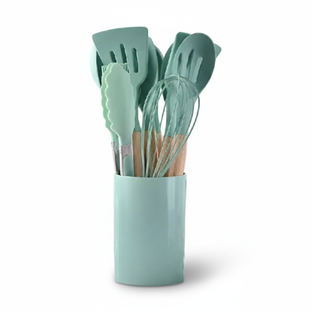 12 Piece Silicone Kitchen Utensil Set Wooden Handle Tools