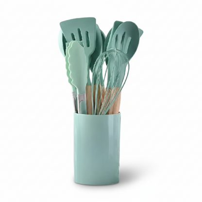 12 Piece Silicone Kitchen Utensil Set Wooden Handle Tools