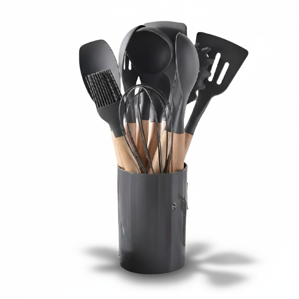 12 Piece Silicone Kitchen Utensil Set Wooden Handle Tools