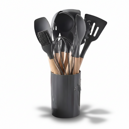12 Piece Silicone Kitchen Utensil Set Wooden Handle Tools
