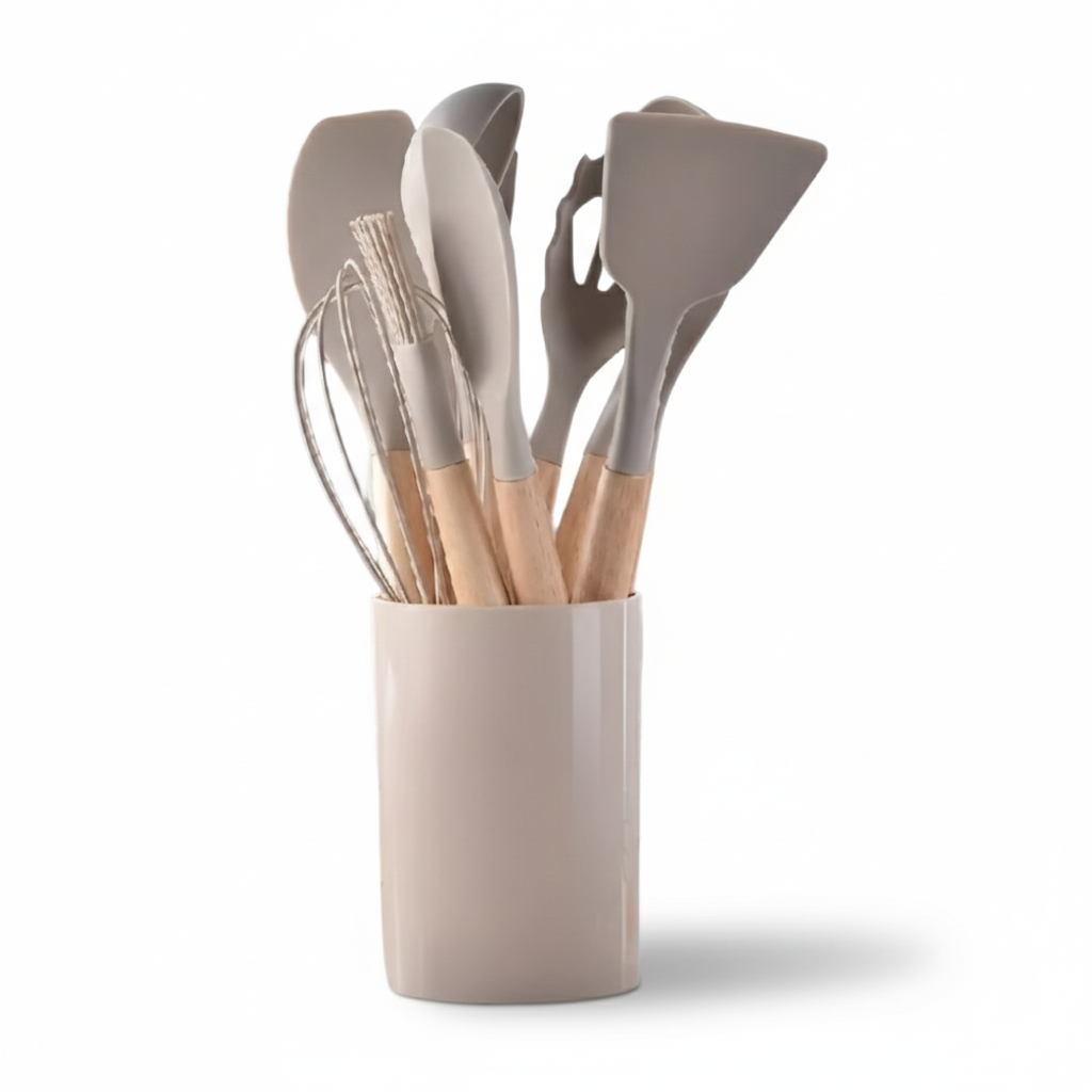 12 Piece Silicone Kitchen Utensil Set Wooden Handle Tools