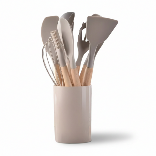 12 Piece Silicone Kitchen Utensil Set Wooden Handle Tools