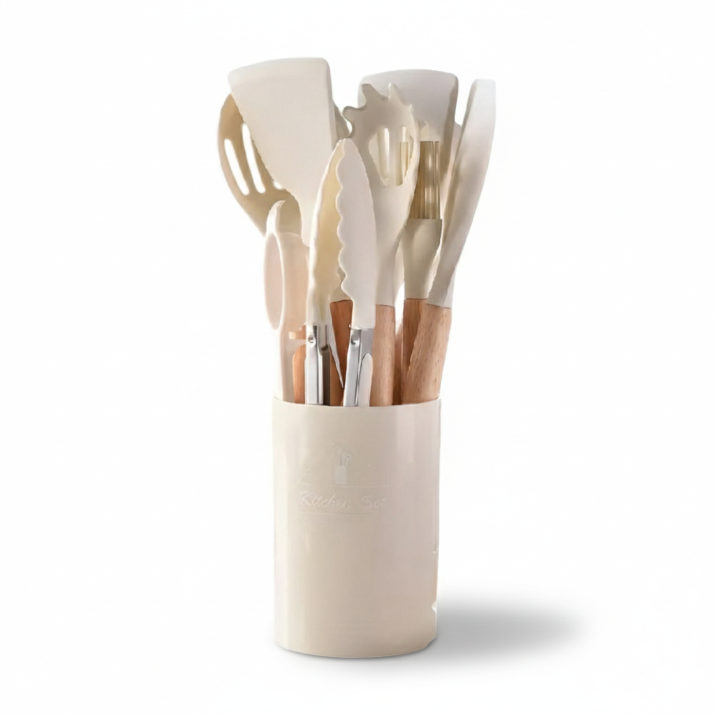 12 Piece Silicone Kitchen Utensil Set Wooden Handle Tools