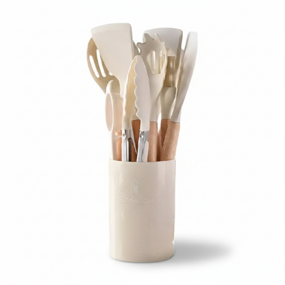 12 Piece Silicone Kitchen Utensil Set Wooden Handle Tools