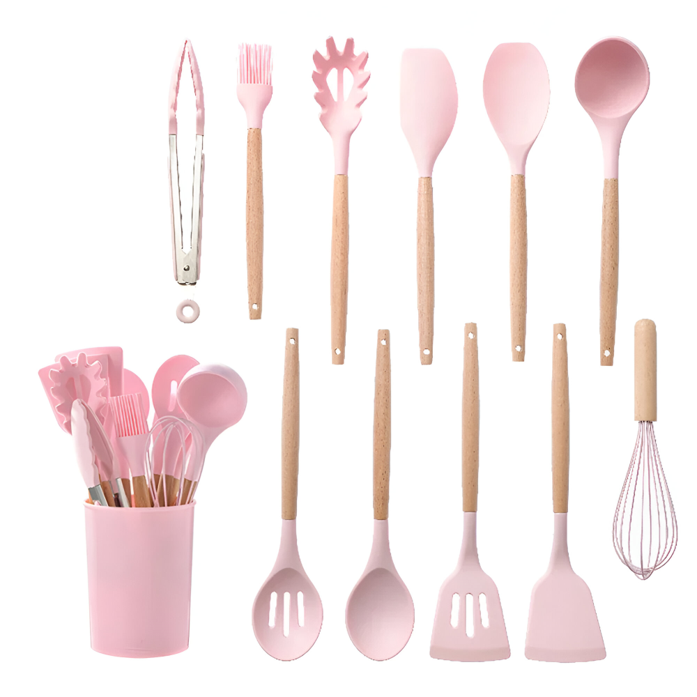 12 Piece Silicone Kitchen Utensil Set Wooden Handle Tools