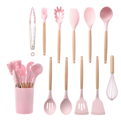 12 Piece Silicone Kitchen Utensil Set Wooden Handle Tools
