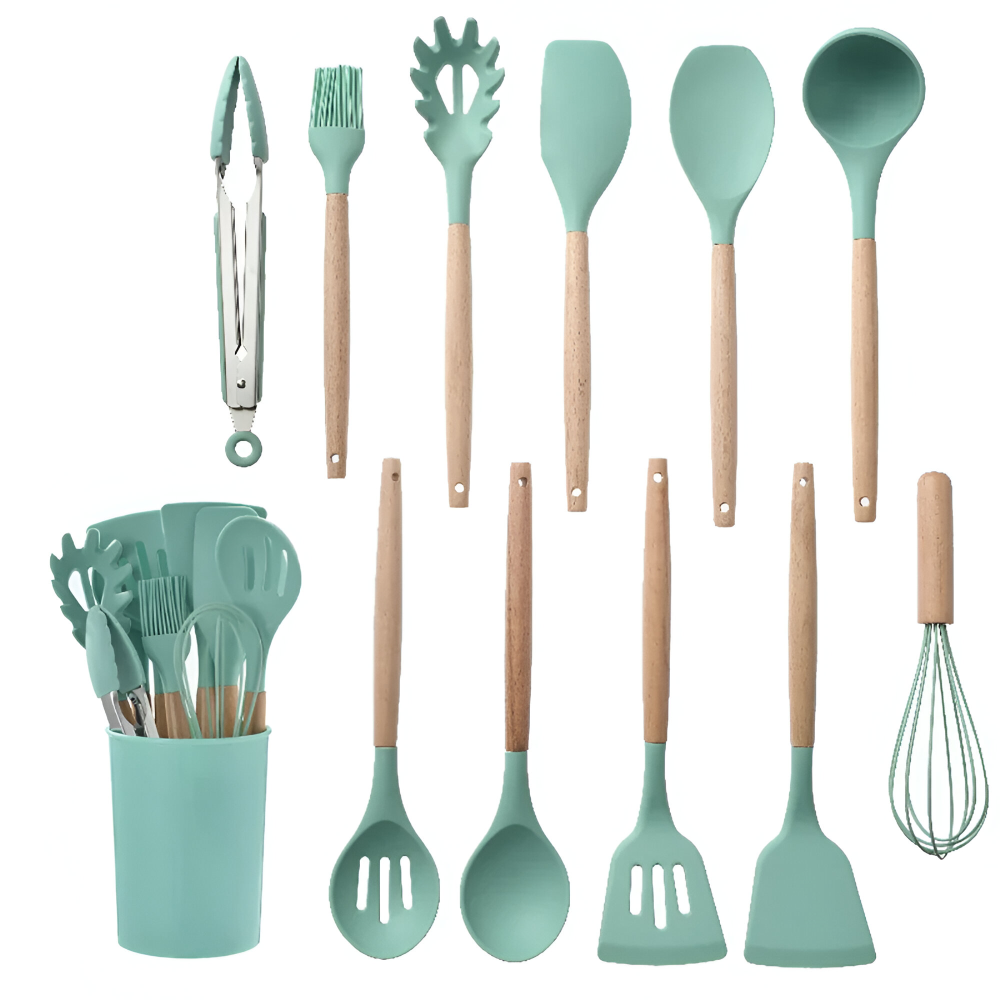 12 Piece Silicone Kitchen Utensil Set Wooden Handle Tools