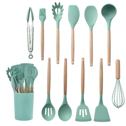 12 Piece Silicone Kitchen Utensil Set Wooden Handle Tools