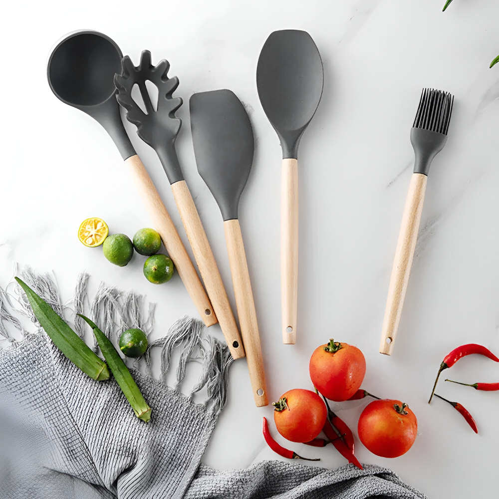 12 Piece Silicone Kitchen Utensil Set Wooden Handle Tools
