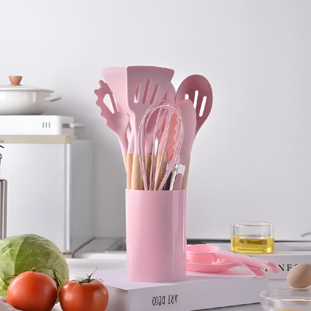 12 Piece Silicone Kitchen Utensil Set Wooden Handle Tools