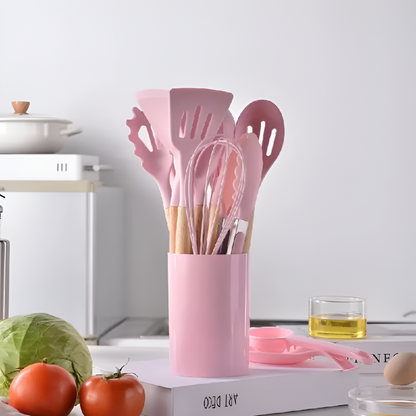 12 Piece Silicone Kitchen Utensil Set Wooden Handle Tools
