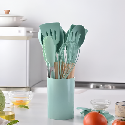 12 Piece Silicone Kitchen Utensil Set Wooden Handle Tools