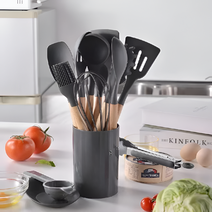 12 Piece Silicone Kitchen Utensil Set Wooden Handle Tools