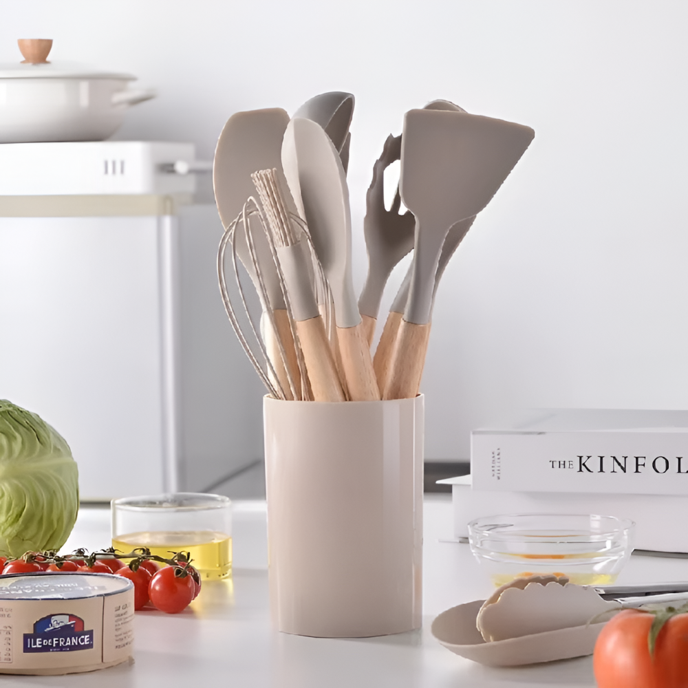 12 Piece Silicone Kitchen Utensil Set Wooden Handle Tools