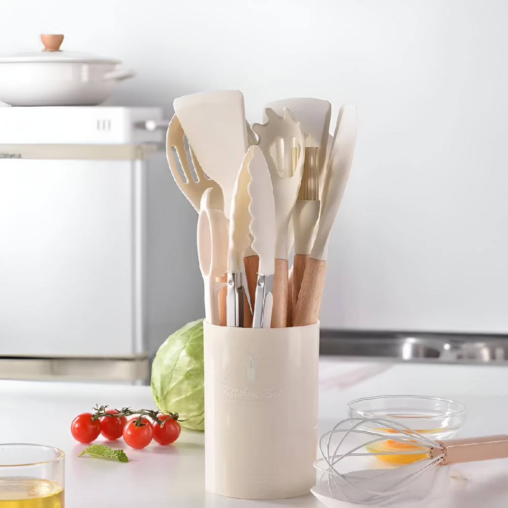 12 Piece Silicone Kitchen Utensil Set Wooden Handle Tools