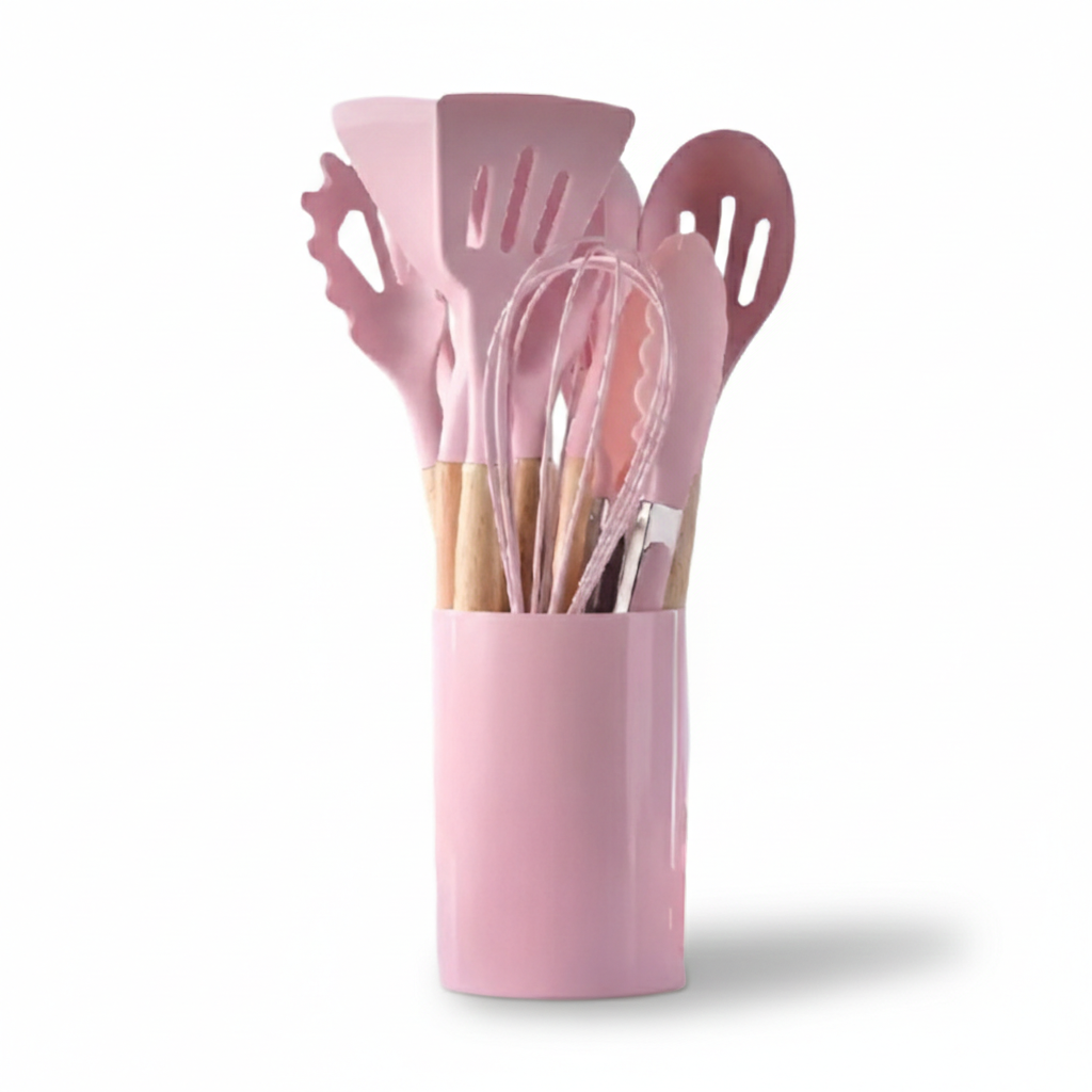 12 Piece Silicone Kitchen Utensil Set Wooden Handle Tools