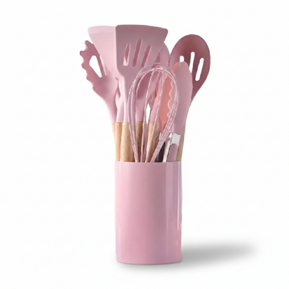 12 Piece Silicone Kitchen Utensil Set Wooden Handle Tools
