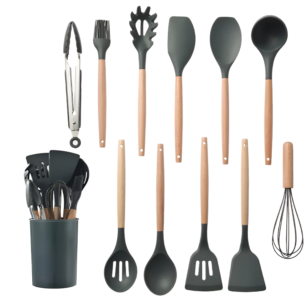 12 Piece Silicone Kitchen Utensil Set Wooden Handle Tools