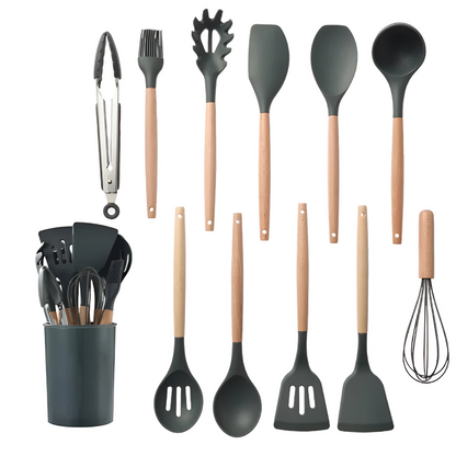 12 Piece Silicone Kitchen Utensil Set Wooden Handle Tools