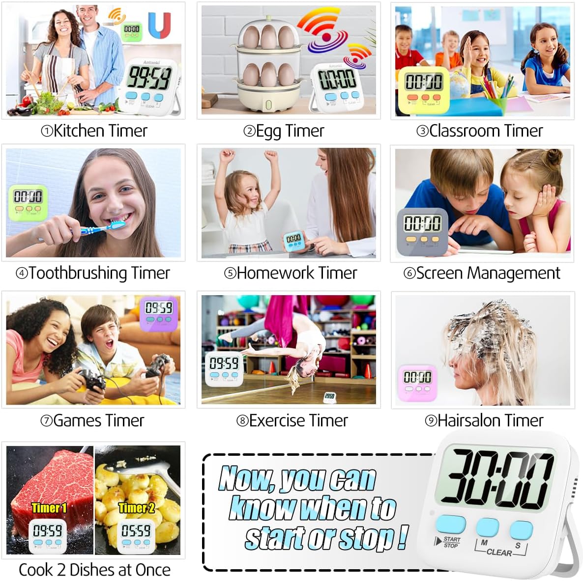 2-Pack Digital Kitchen Timers Magnetic Countdown Stopwatch