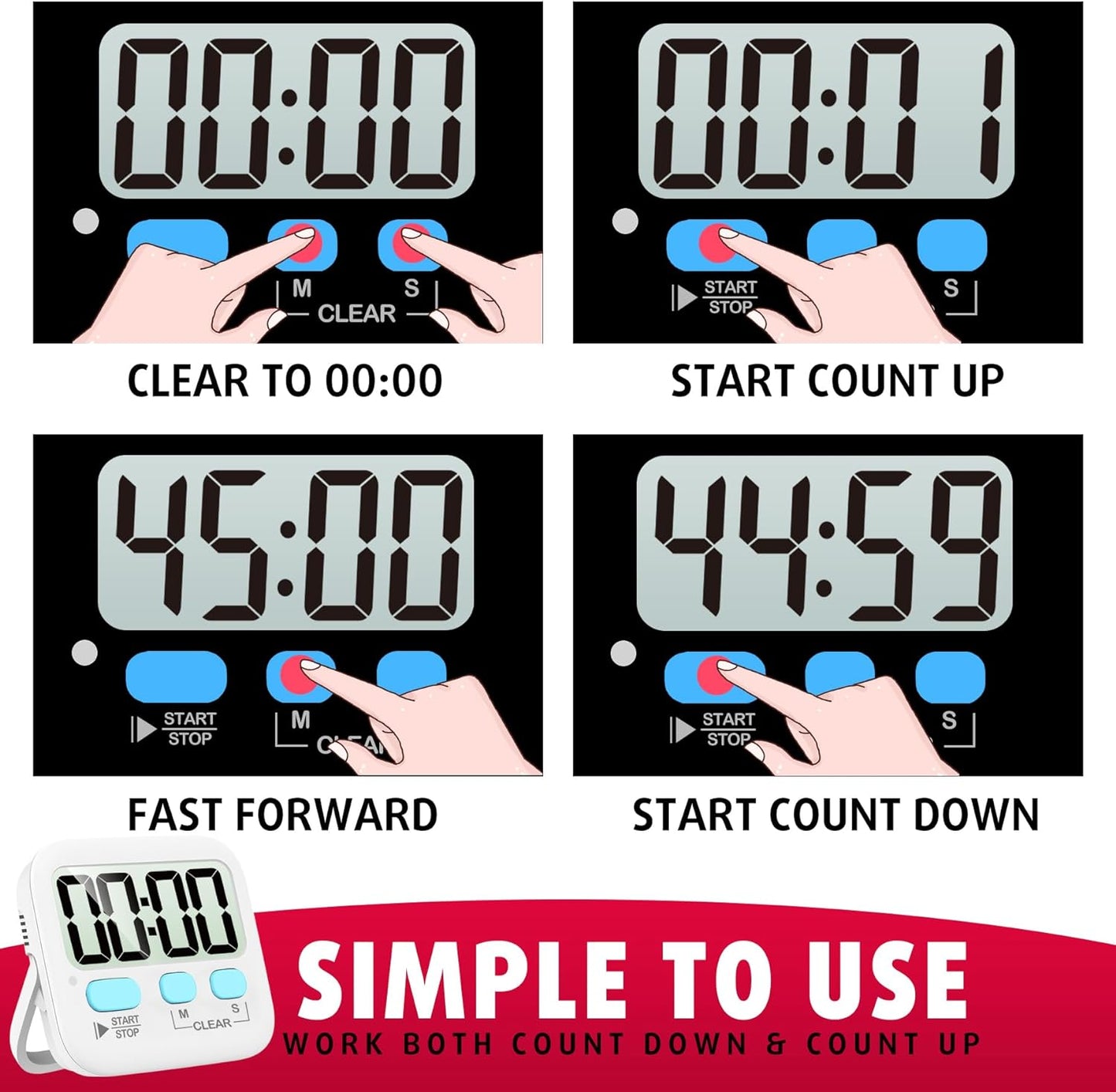 2-Pack Digital Kitchen Timers Magnetic Countdown Stopwatch
