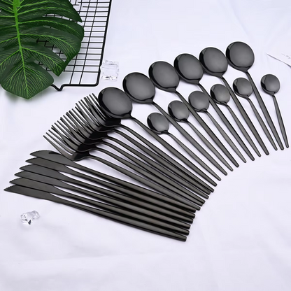 24 Piece Black Stainless Steel Cutlery Set Dining Collection