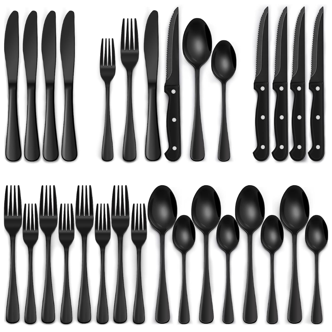 24 Piece Black Stainless Steel Cutlery Set Dining Collection