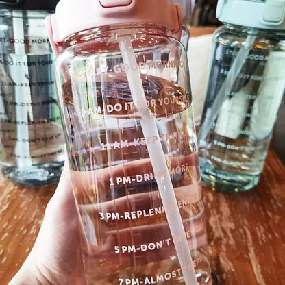 2L Portable Water Bottle with Straw and Time Markings for Fitness and Sports